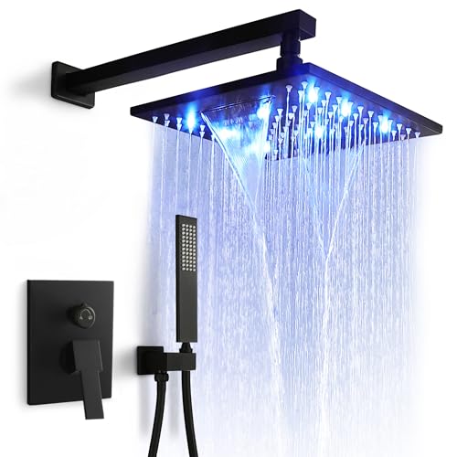 Sistema de Ducha SKOWLL Waterfall con Montaje en Pared, Ducha de Lluvia LED de 10 Pulgadas, Cabezal de Ducha Tipo Lluvia con Handheld, Válvula de Latón de 2 Funciones, Negro Mate miniatura 1
