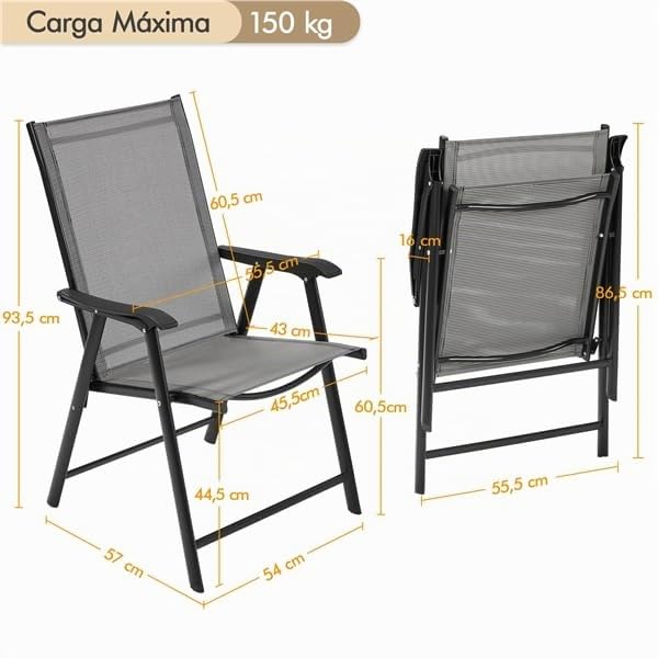 Yaheetech Juego de 2 Sillas Plegables para Exterior Capacidad 150kg Gris | con Reposabrazos,Poliéster Resistente,Marco Metálico, Asiento Amplio 45,5x43cm, para Terraza/Balcón/Camping/Comedor/Exterior