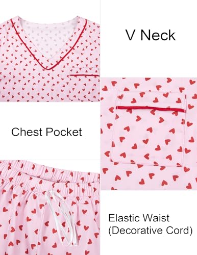 Image of ASTANFY Valentines Day Pajamas Women 2 Piece Silk Valentine Pjs Cute Heart Pajamas V Neck Satin Sleepwear Loungewear Set