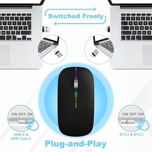 Wireless Mouse,Mouse for MacBook Air Mac Pro iPad Laptop Computer PC,Rechargeable Dual Mode Switch Mouse Bluetooth 5.2/3.0 and 2.4GHz USB Type-C Receiver (Black) - Image 3