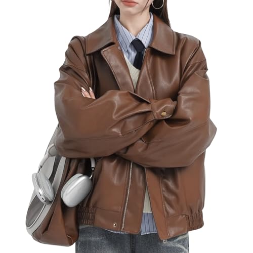 Womens Oversized Faux Leather Bomber Jacket Fashion Motorcycle Coats Outfits Clothes Y2k Tops