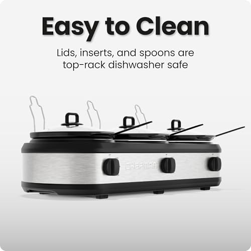 Chefman Triple Slow Cooker & Food Warmer, Three Crock Slowcooker with 2.5 Qt. Ceramic Crocks, 7.5-Quart Total Capacity, PFAS-Free, Three Temperature Settings, Dishwasher-Safe Parts – Stainless Steel - image 6