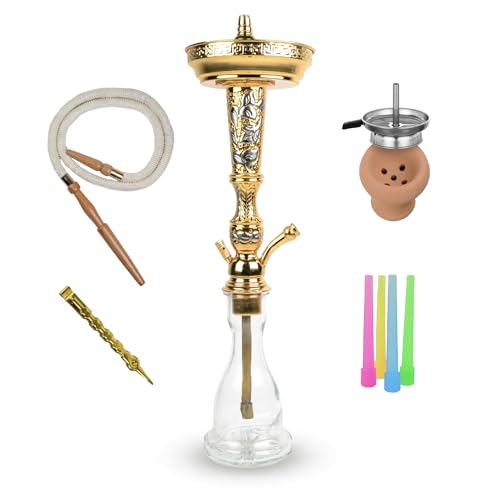 Chicha Traditionnelle Al Zahra 60 cm avec 50 Embouts Jetables | Laiton Poli + Accessoires Complets | Foyer en Argile + Tuyau en Daim | Design Élégant et...