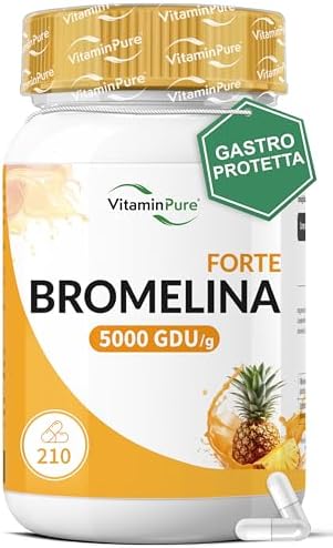 Bromelina Forte Drenante 5000 GDU/g Gastroprotetta, 210 capsule (Fino a 7 mesi di Fornitura) - Funzione Digestiva e Drenante, Contrasta la Sensazione di Pesantezza delle Gambe - VitaminPure