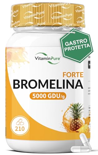 Bromelina Forte 5000 GDU/g, 210 Capsule Gastro-Resistenti (Fino a 7 mesi di Fornitura) Estratta naturalmente dall'Ananas - VitaminPure