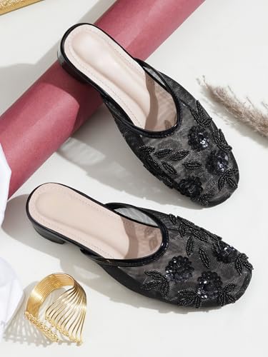 Image of TRYME Embellished Block Heel Mules for Women | Elegant Slip On Dress Sandals | Comfortable Fashion Heels for Casual, Wedding & Evening Occasions