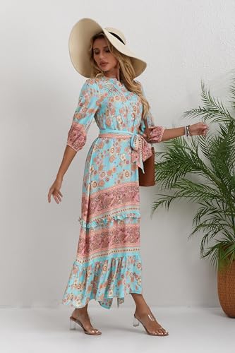 Image of Women Boho High-Waist Floral Print Maxi Dress 3 /4 Sleeve Casual | Soft Rayon, Breathable, Quick-Dry. High-Waist with Adjustable Belt, Flattering Hem. Ideal for Beach, Work & Dating.