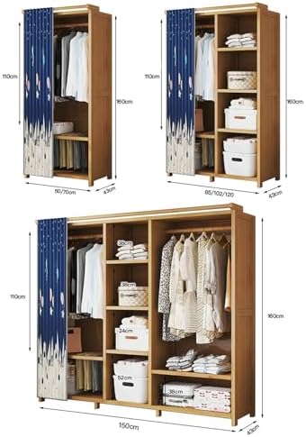 自立式フロアミラーコートラック、オープンワードローブ、竹製コートラック（洋服レールとカーテン付き）、寝室、廊下、リビングエリア用の棚