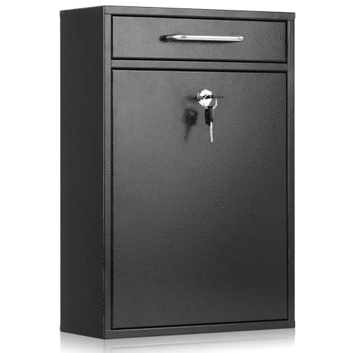 xydled Metal Mailbox Wall Mount, Large Locking Mailbox with Key Lock, Hanging Secure Postbox, Security Key Drop Box, Collection Boxes, Black, 17.6H x 12.2L x 5.7W Inches, XL Large