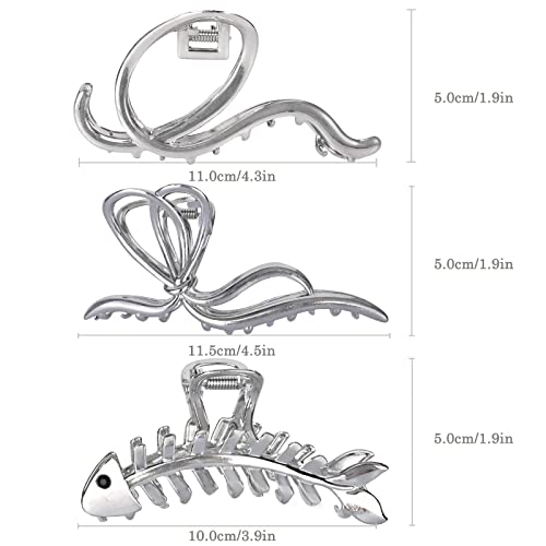 Yonchic 3-Piece Multiple Shapes Metal Hair Clips, Silvery Fish Bone Hair Claw For Thin/Medium Thick Hair, Elegant Bowknot Barrettes, Simple Style Strong Hold Hair Clamps Non Slip Cute Hair Catch Clip Accessories #TOP2