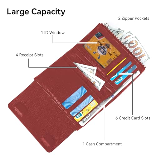 Bifold Wallet for Women Genuine Leather, [Large Capacity] [Magnetic Closure] Female Ladies Wallet Card Holder with ID Window, Zipper Coin Pockets (Burgundy)3