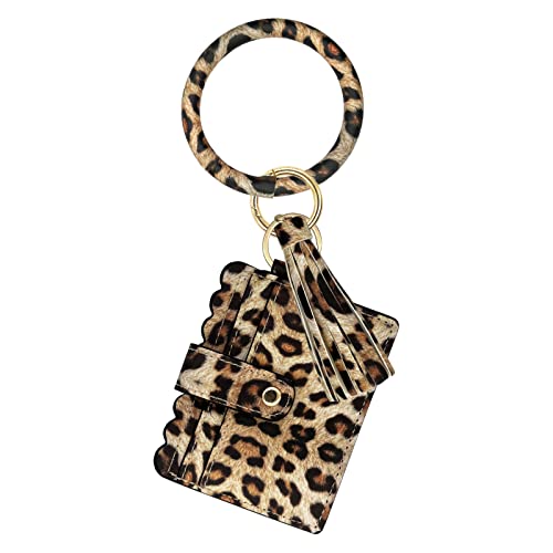 Eumspo Bracelet porte-clés léopard avec carte d'identité, porte-cartes de crédit et pompon en cuir, porte-clés, porte-clés, sac pour femmes et filles Cover