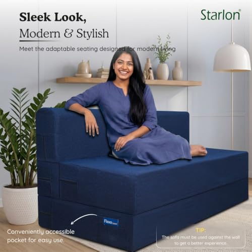 Image of Starlon 3 Seater Foldable Sofa Cum Bed 3-in-1 with 2 Floral Pattern Pillows, Washable Jute Fabric Cover, Space Saving Guest Bed, Royal Navy Blue 6x6.5 Ft