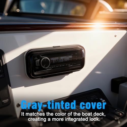 Image of Herdio Water-Resistant Marine Stereo Cover - Smoke-Tinted Heavy-Duty Boat Radio Protector with Flip-Up Door, Spring-Activated Release, and Included Mounting Gasket（White）