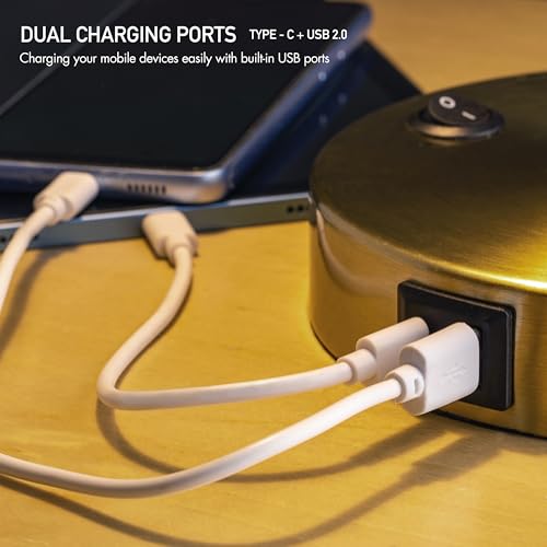 Image of O'Bright Astrum - LED Desk Lamp with Dual USB Charging Ports, 100% Metal, 270 Degree Swivel Arms, Soft White Light (3000K), Bedside & Home Office Table Lamp, ETL Listed, Antique Brass Finish
