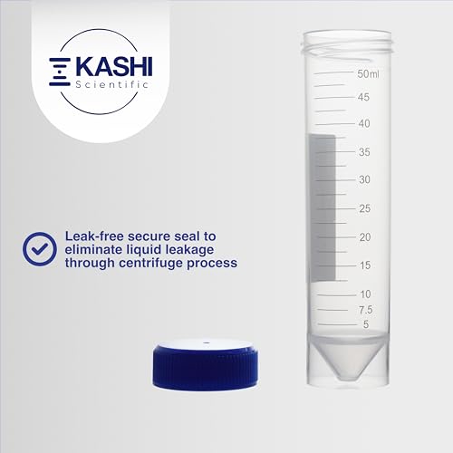 Image of Kashi Scientific 50mL Self Standing Centrifuge Tubes with Screw Cap Lid, Lab Grade Polypropylene Plastic, Skirted, Printed Graduation, Write-on Spot [50mL Self-Standing, 300]