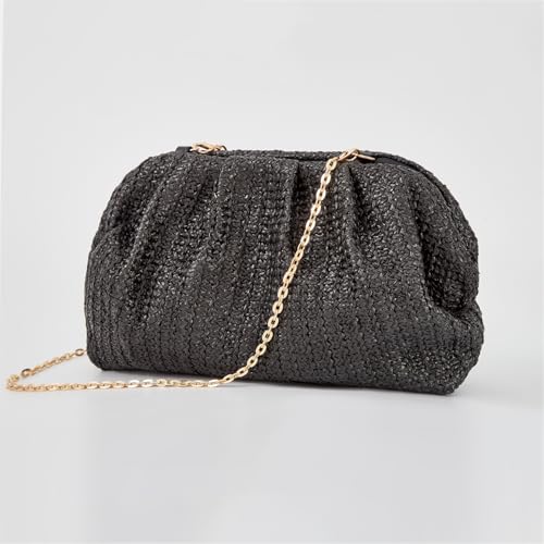 Image of Huralona Women Straw Woven Clutch Purse Pleated Handbag for Summer Beach Vacation Straw Shoulder Crossbody Bag