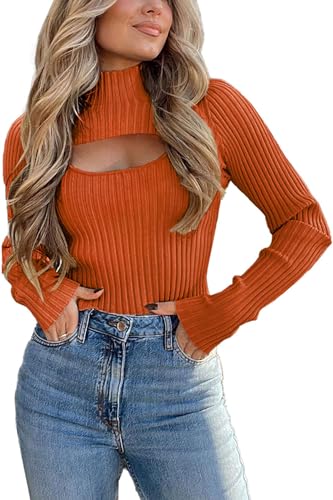 Image of PRETTYGARDEN Women's 2025 Fashion Fall Clothes 2 Piece Cutout Tops Long Sleeve Mock Neck Rib Knit Winter Pullover Sweater