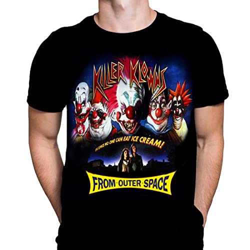 Image of Killer Klowns Mens Tshirt Halloween Sci-fi Horror Movie Print Graphic T-Shirt, Film Poster Tee Black