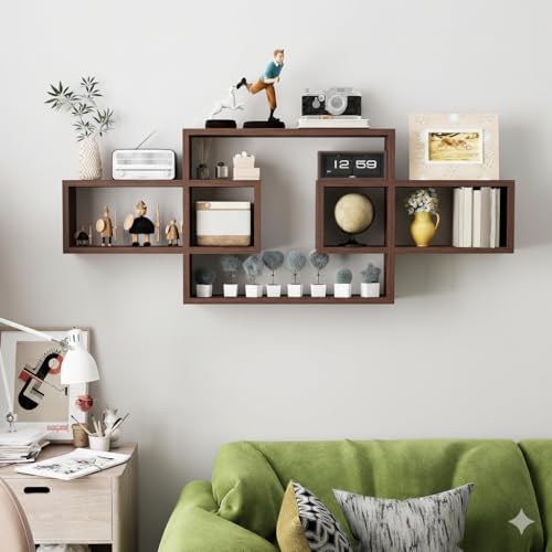 Image of Wooden Wall Shelves for Living Room, Bedroom Wall Mounted Rectangle Bookcase, Intersecting Wall Shelves for Storage Modern Decorative Display Shelves for Wall Decor (Brown)