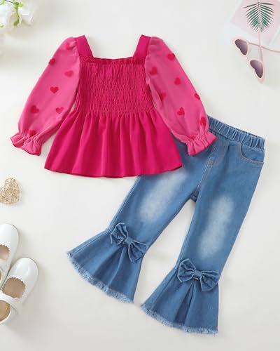 Image of Kucnuzki Toddler Kids Girl Clothes Long Sleeve Shirt Tops Baggy Jeans Cute Pants Set Baby Girl Outfit 2 Piece Clothing