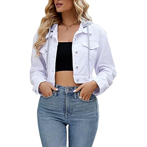 Kedera Women's Casual Detachable Hoodie Denim Jacket Light Cropped Jean Coat w 2 Pockets, White, X-Large Cover