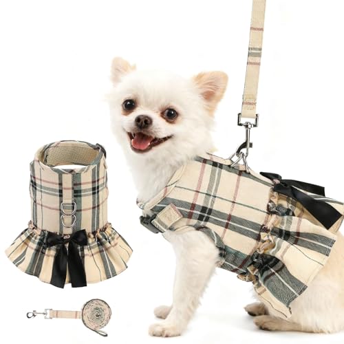 EXPAWLORER Dog Harness Small Medium Sized Dogs, Plaid Dog Dress Bowknot Harness and Leash Set, No Choke No Pull Soft Mesh Vest Cute Princess Puppy Outfits Clothes Costume for Girls Party Cats Beige S