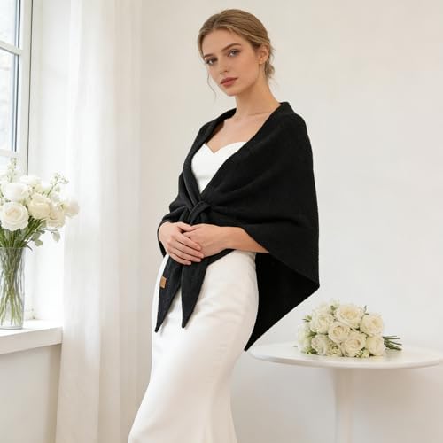 Ladiery Dreieckstuch Damen mit Verschluss - Weicher Schulter-Schal mit Kaschmir-Feeling, Strick-Poncho für Abendkleider, Büro & Reise, 180x129cm (Schwarz)