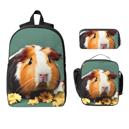 flower guinea pig print Shoulder Bookbags Lunch Bag and Pen Case 17 inches Backpack with Lunch Box, Cute Bookbag Set2