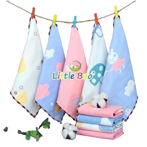 Image of Little Boo Muslin 6 Layer Cotton Face Towels for Newborn Baby Extra Soft Hankies Reusable Napkins for Infants Toddlers /Kids (Pack of 5). Multicolor