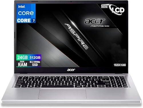 Acer Notebook Aspire Silver Intel CORE 7 150U fino a 5,40 GHz, 10 Core, Display FullHD 15,6", RAM 24Gb DDR4 5200Mhz, SSD PCIe NVMe 512 Gb, Wi-Fi6, BT, 2 usb, 2 USB type-c, Windows 11, Configurato - Notebook