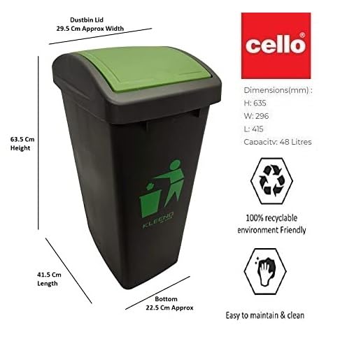 Image of Cello Plastic Garbage Swing-Lid Dustbin 48 Ltr, (Green & Green) COMBO