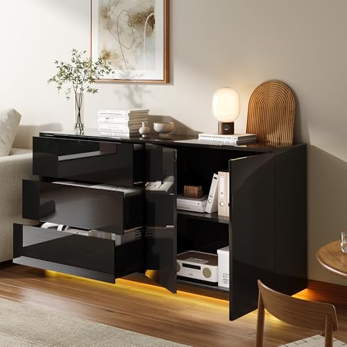 Buffet de Salon Moderne 160x35x76 cm avec LED, Meuble de Rangement avec 3 Tiroirs et 2 Portes, Buffet Brillant Moderne Commode Salon Brillant Buffet Salle à Manger et...