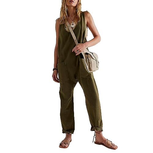 FeMereina Jean Overalls for Women Sleeveless Denim Jumpsuit Casual Baggy Overall Jumpsuits Loose Fit Jumpers with Pockets (Army Green, L)
