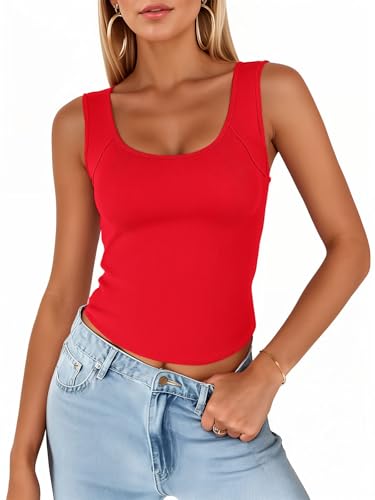 QUEZHU Women's Square Neck Sleeveless Slim-Fit Tank Ribbed Summer Solid Color Basic Tight Tank Tops