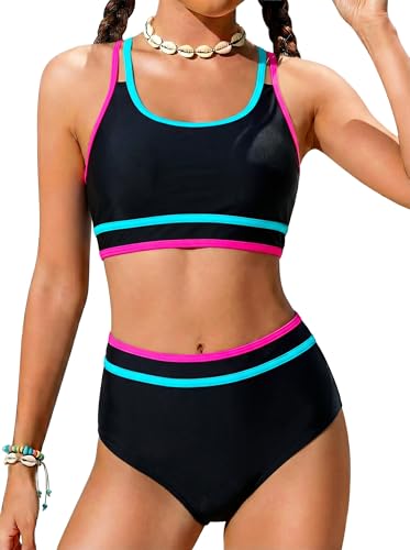 Girls Black Swimsuits Size 10-12 Two Piece Bathing Suits Trajes De Baño para Niñas Black Swim Color Block Sportteens Teen Bikini Sets Adjustable Double Straps Top Bottoms Padded Modest Swimwear