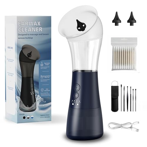 Eliminador de Cerumen, VINIPO Limpiador de Cerumen Eléctric Kit de Cuidado con 4 Modos de Lavado, Lavador de oídos recargable Doble Depósito de Agua (Azul)