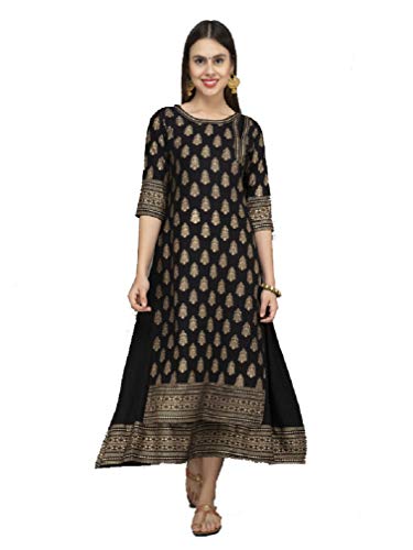 Dream Angel Moda Donna Elegante Oro Stampato A-Line Kurti Indian Party Ware Nero 74 IT/XXL