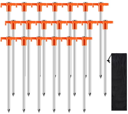 Gabotrie 20 Pack Tent Stakes Heavy Duty, 9.6 Inch Camping Stakes, Non-Rust Metal Tent Pegs, Ground Stakes Yard Stakes with Drawstring Bag for Camping Backyards Outdoor Picnic (Orange)