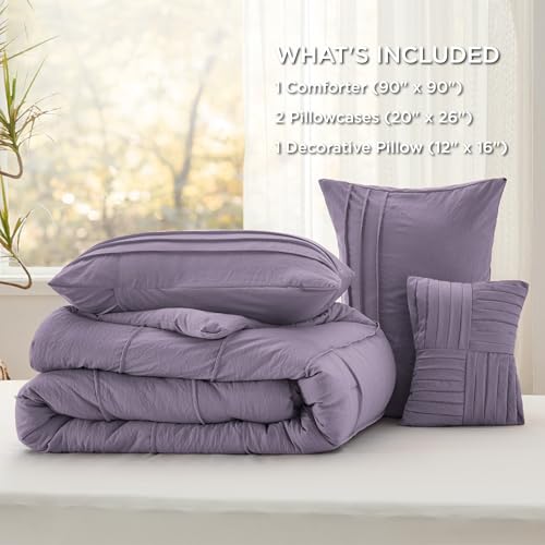 Image of Bedsure Queen Comforter Set - 4 Pieces Pinch Pleat Bed Set, Purple Boho Bedding for All Season, 1 Soft Comforter, 2 Pillowcases, 1 Decorative Pillow