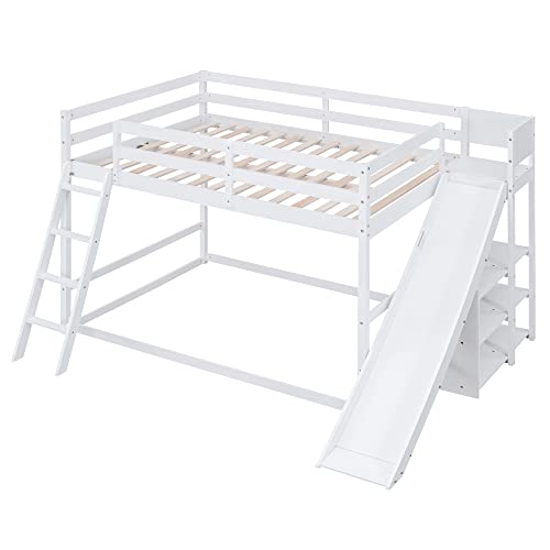 Image of Bellemave Bunk beds Full Over Full Size Slide and Stair, Low bunk Bed for Kids，White