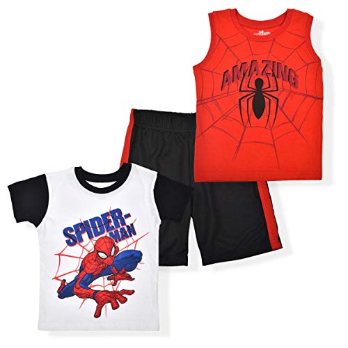 Marvel Spider-Man Boys 3-Piece Playwear Set with Tshirt, Sleeveless Top and Shorts, Red/White