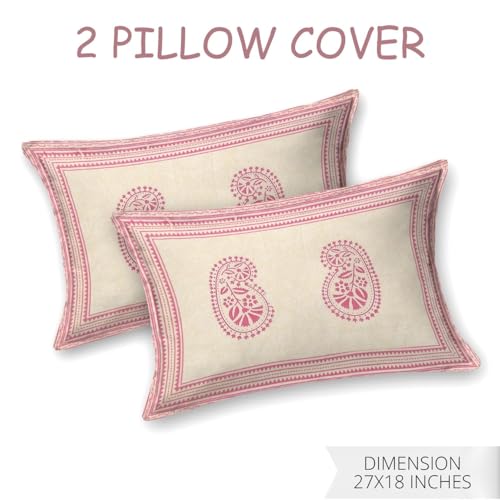 Image of Living Roots Ethnic Jaipur Block Print Double Cotton Bedsheet & 2 Pillow Covers, for Mattress Upto 6 inches Thick, No Colour Bleeding, Pink Colour, King Size 90 * 108 inches, 120TC (602-A)
