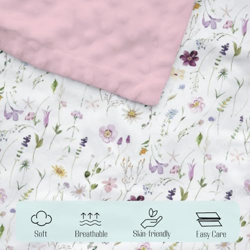 Image of Mink Baby Girls Blankets Pink Purple Floral, Watercolor Wildflower Soft Double Layer Dotted Backing Receiving Swaddle, Flower Newborn Infant Toddler Nursery Crib Bedding Shower Gift 30 x 40 In