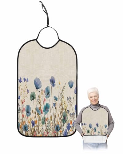 LEOKOTI Blue Teal Spring Floral Adult Bibs for Eating, Waterproof Bibs with Food Catcher & Snap Closure, Watercolor Botanical Summer Flowers Washable Clothing Protectors Adult Bibs for Elderly