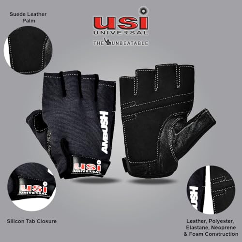 Image of USI UNIVERSAL 733A Ambush Fitness Gym Gloves, Workout Powerlifting Gloves, Leather Polyester, Elastane Neoprene, Foam Construction, Suede Leather Palm (Large, Grey)