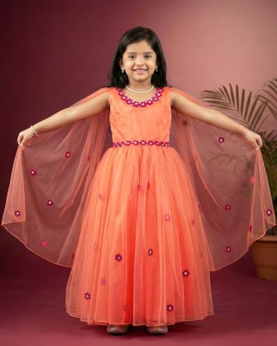 Image of Stanwells Kids Dress for Girls Embroiderd Full Length Frock for Baby Girls Flower Gown Ruffle Pattern Back Zipper Beautiful Sleeveless Birthday Dress for Girls Coral (1-9 Years)