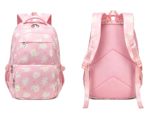 JiaYou Girls Flower Pattern Primary School Backpack Midlle School Laptop Bag 3Pcs Sets with Lunch Bag and pencil case(Pink-3Pcs,29 Liters)3