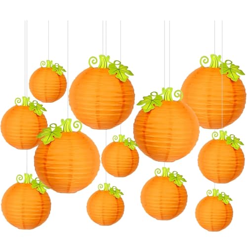 12Pcs Fall Thanksgiving Pumpkins Decorations Orange Paper Pumpkin Ball Decorations Lanterns Unique Design Perfect for Halloween Jack O Lantern Classroom Kitchen Party Indoor Outdoor