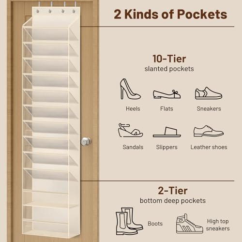 MISSLO 12 Tier Over the Door Shoe Organizer Breathable Mesh Hanging Shoe Rack for Closet Storage Shoe Holder for Door Fit 24 Pairs Sandals, Heels, Boots (Beige) by MISSLO - Used condition - US$13.82